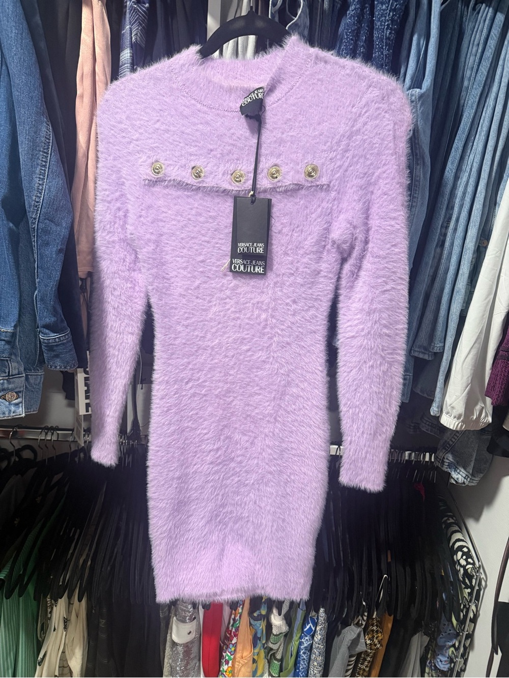 Versace Jeans Couture Lilac Fuzzy Knit Mini Dress with Decorative Buttons size S